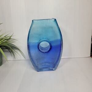Vintage Margie's Garden Hand Blown Vase, Blue Seed Bubble Donut Hole, 9-1/2"